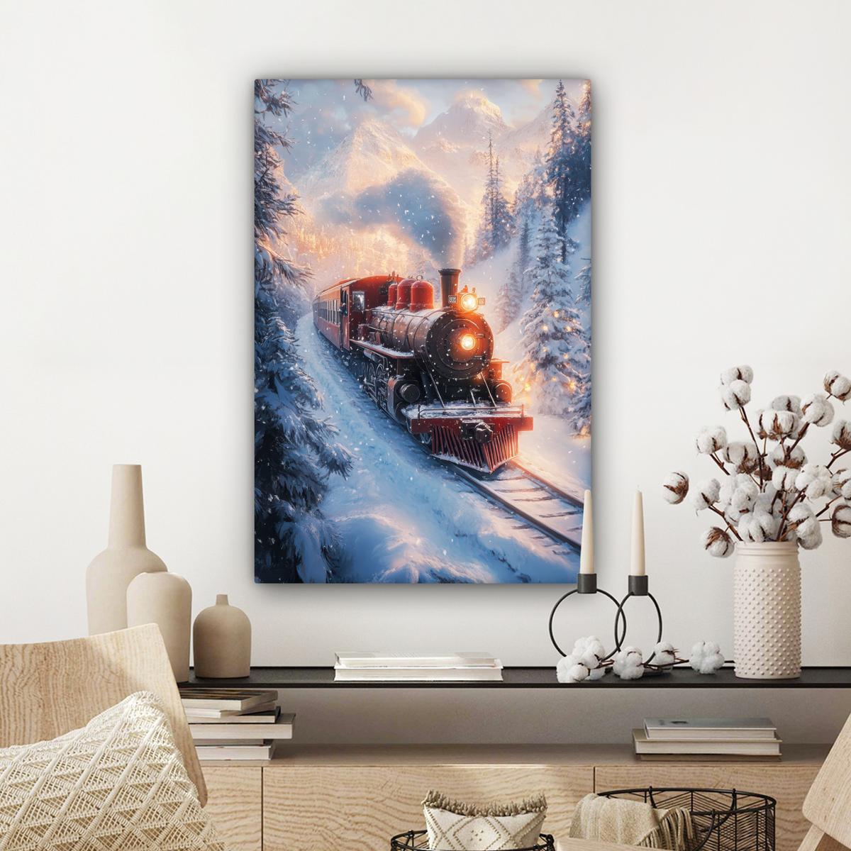 LEINWANDBILD Weihnachtszug - Schnee - Winter - Weihnachten Wanddeko 40x60 cm - Dunkelrot, Textil (40/60cm) - MuchoWow