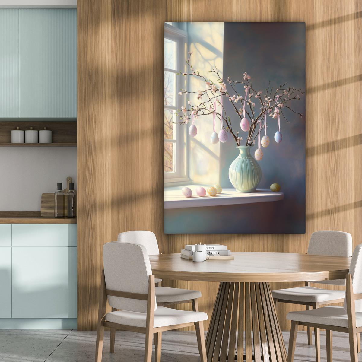 LEINWANDBILD Stillleben - Vase - Osterzweig Deko XXL 80x120 cm - Hellblau, Textil (80/120cm) - MuchoWow