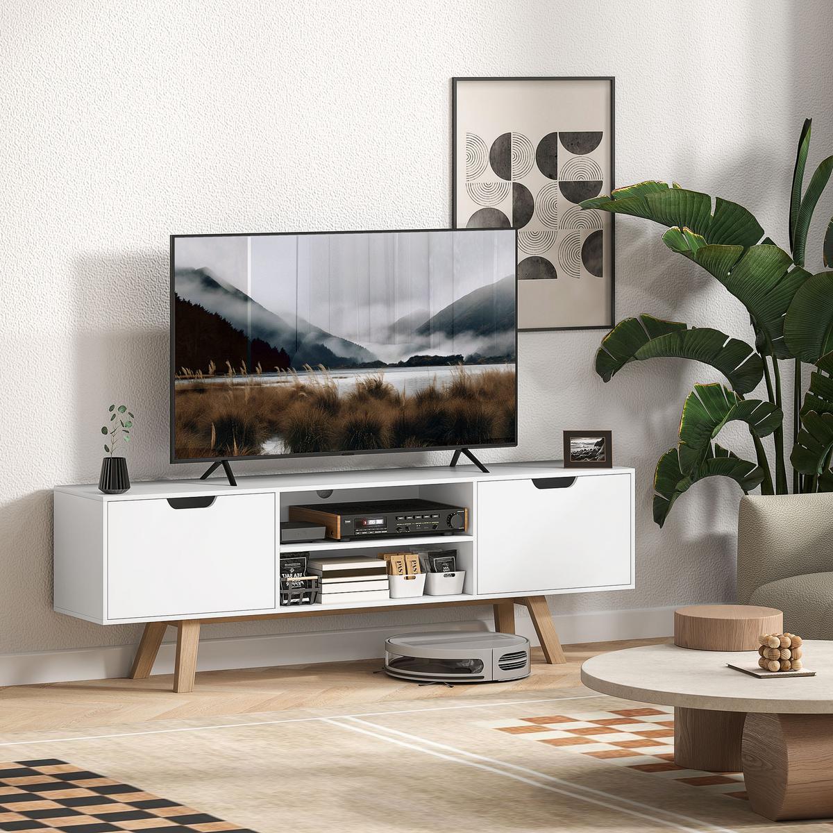 TV-SCHRANK, Fernsehtisch für Fernseher bis zu 65 Zoll, Lowboard mit 2 Schränken - Weiß/Naturfarben, Holz/Holzwerkstoff (39/50/150cm) - HOMCOM