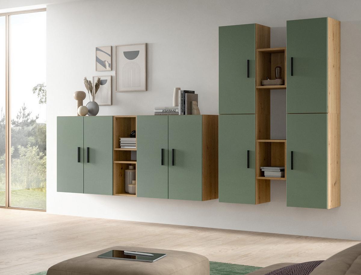 WOHNWAND grün, Eiche Artisan 259 x 184 cm, Wohnkombination hängend / stehend - Schwarz/Eiche Artisan, Holzwerkstoff/Kunststoff (259/151/34cm) - Inn.Furn