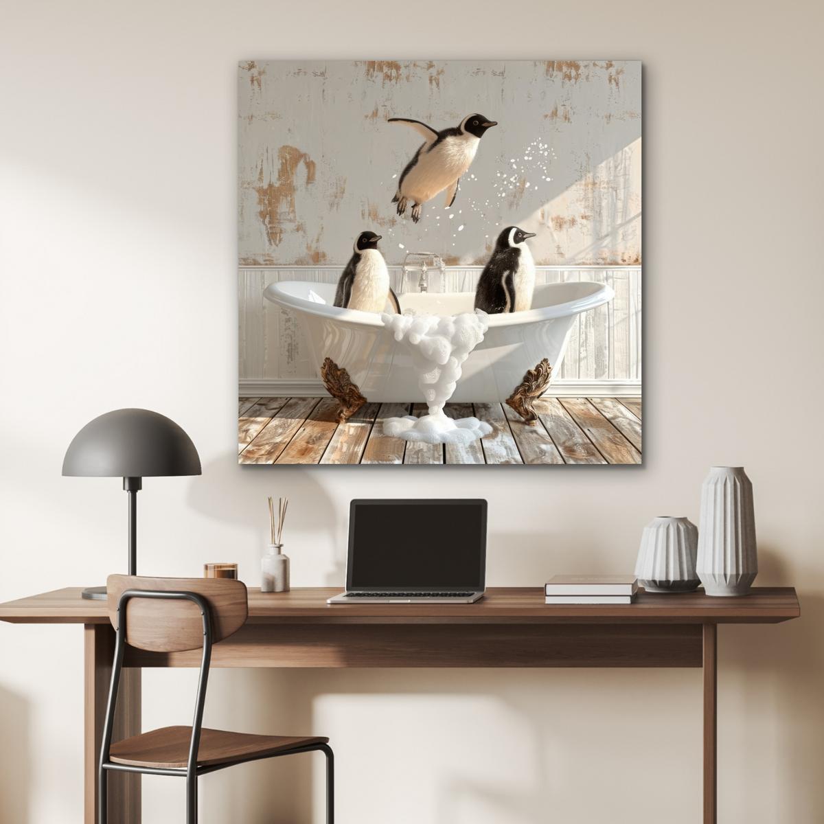 METALLBILD Vintage - Pinguin - Badewanne - Schaumstoff 90x90 cm - Schwarz, Metall (90/90cm) - MuchoWow