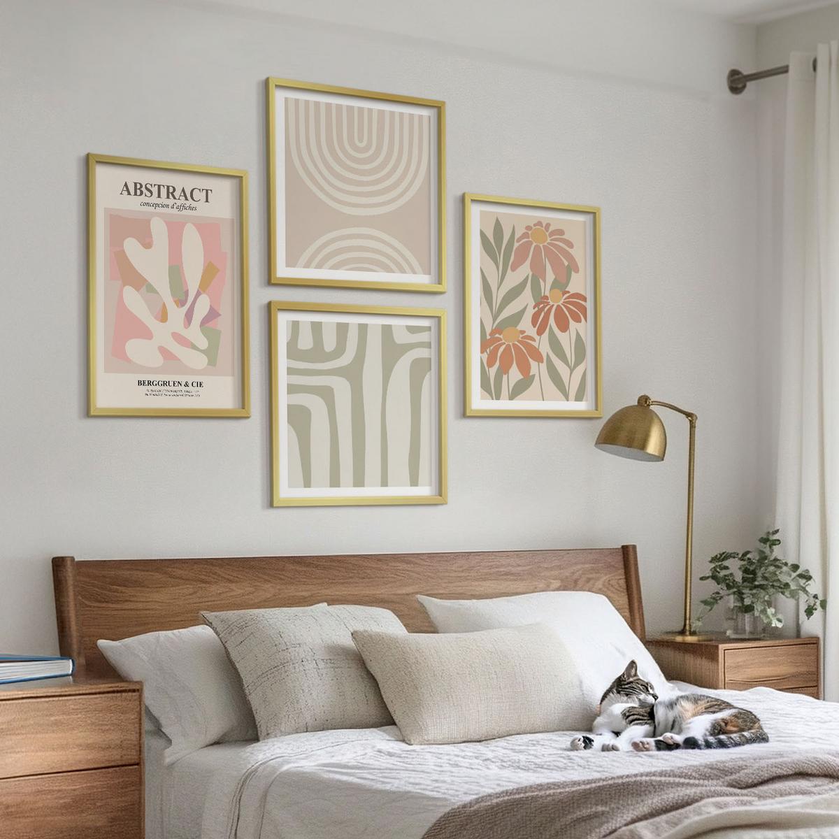 BILDER SET 4er Set - 50x50 cm & 40x60 cm Goldrahmen - Abstrakte Pflanzenformen - Goldfarben, Kunststoff (50/50cm) - TULUP