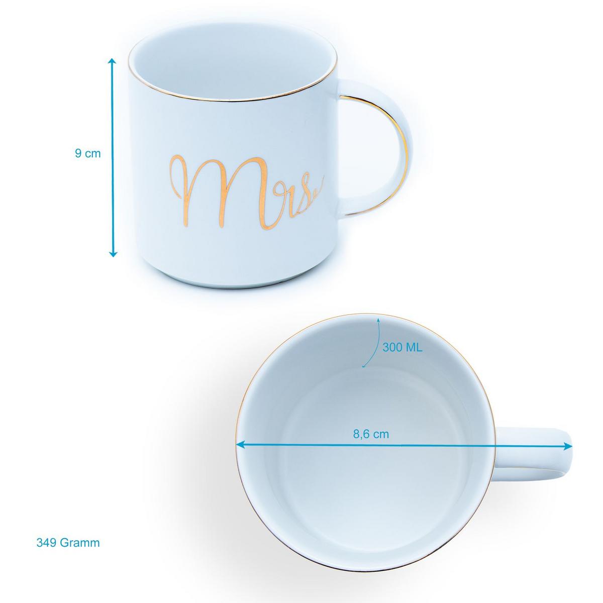 KAFFEETASSE mit Goldrand und Aufschrift Mrs & Mrs 300 ml (2-tlg.) - Weiß, Keramik (0.3L) - Intirilife