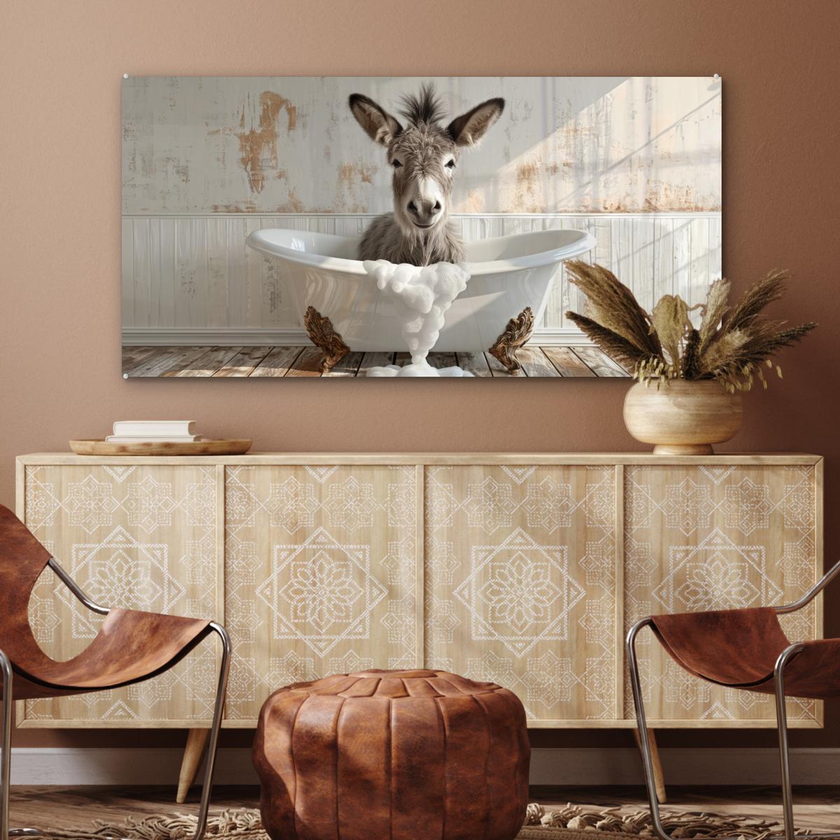 ACRYLGLASBILD Esel - Tiere - Badewanne - Schaumstoff 120x60 cm - Weiß, Glas (120/60cm) - MuchoWow
