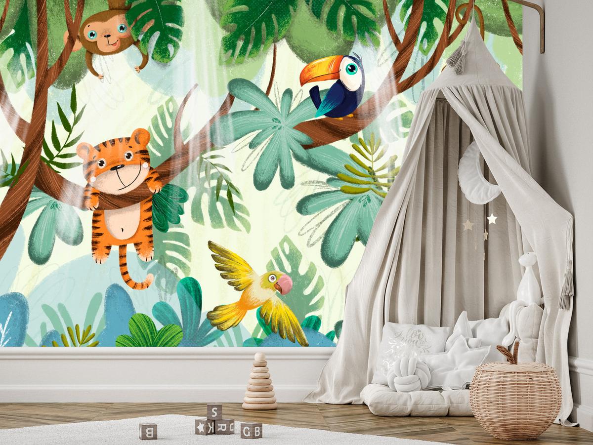 FOTOTAPETE für Kinderzimmer Süße Dschungeltiere Monstera Affen Tiger Vogel 200x140 - Gelb/Beige, Papier (200/140cm) - Muralo