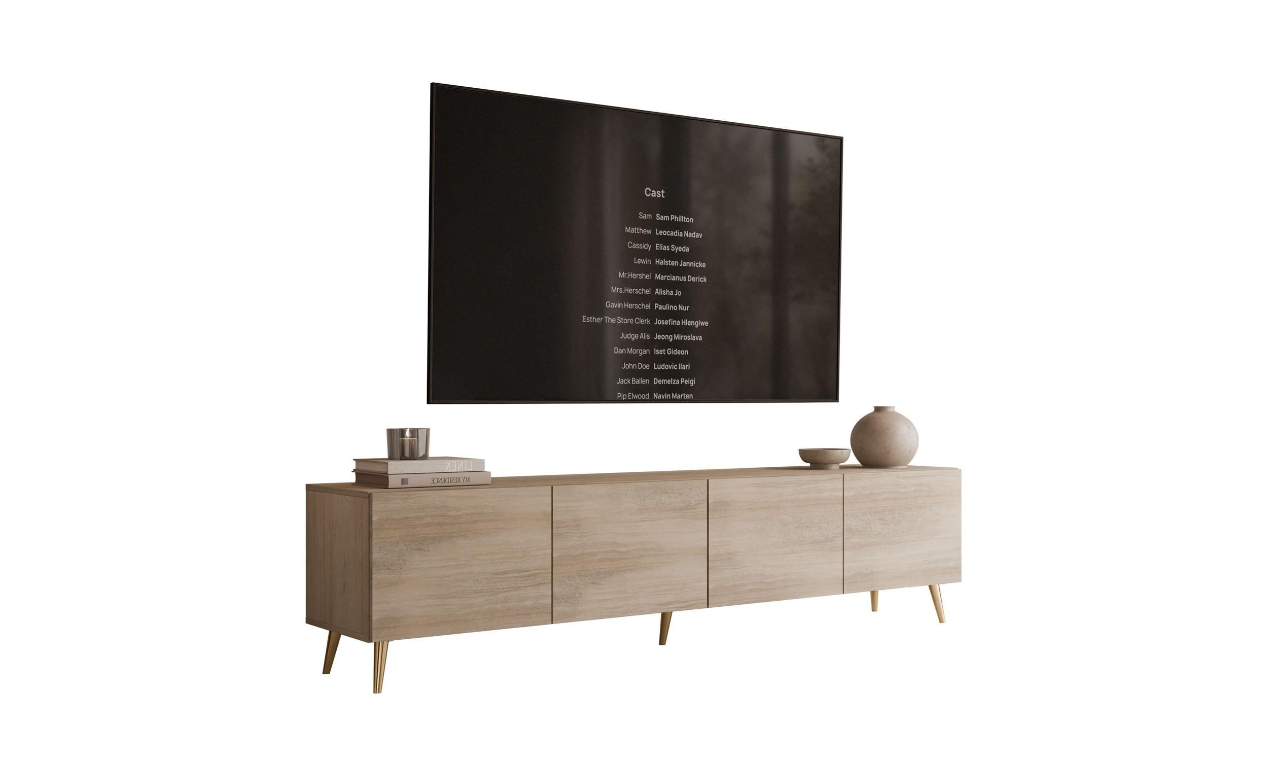 TV-SCHRANK COLGANTE 200/40/49 cm schräge goldfarbene Füße Travertin - Beige/Goldfarben, Holzwerkstoff/Metall (200/49/40cm) - Lookway