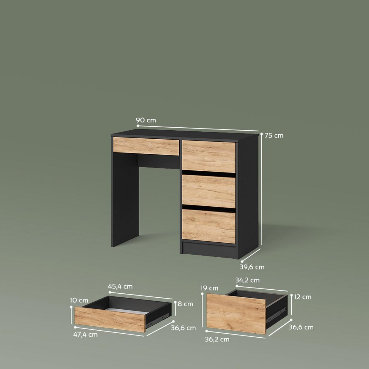 SCHMINKTISCH Imola Anthrazit/Goldkraft Eiche ohne Spiegel - Honigeiche/Anthrazit, Holzwerkstoff (55/90/75cm) - Livinity®