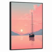 LEINWAND Bilder mit Rahmen - Segelboot - Rosa Meer - Sonnenuntergang - Berge - 60x80 - Rosa, Textil (60/80cm) - MuchoWow
