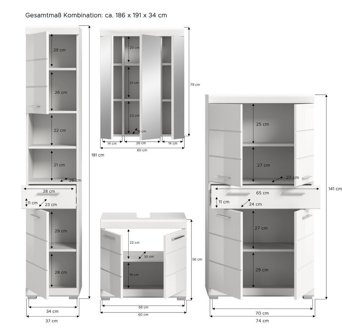 BADMÖBEL-SET weiß Hochglanz 4-teilig 200 cm, Komplettset mit viel Stauraum - Weiß Hochglanz, Glas/Holzwerkstoff (200/191/34cm) - Inn.Furn