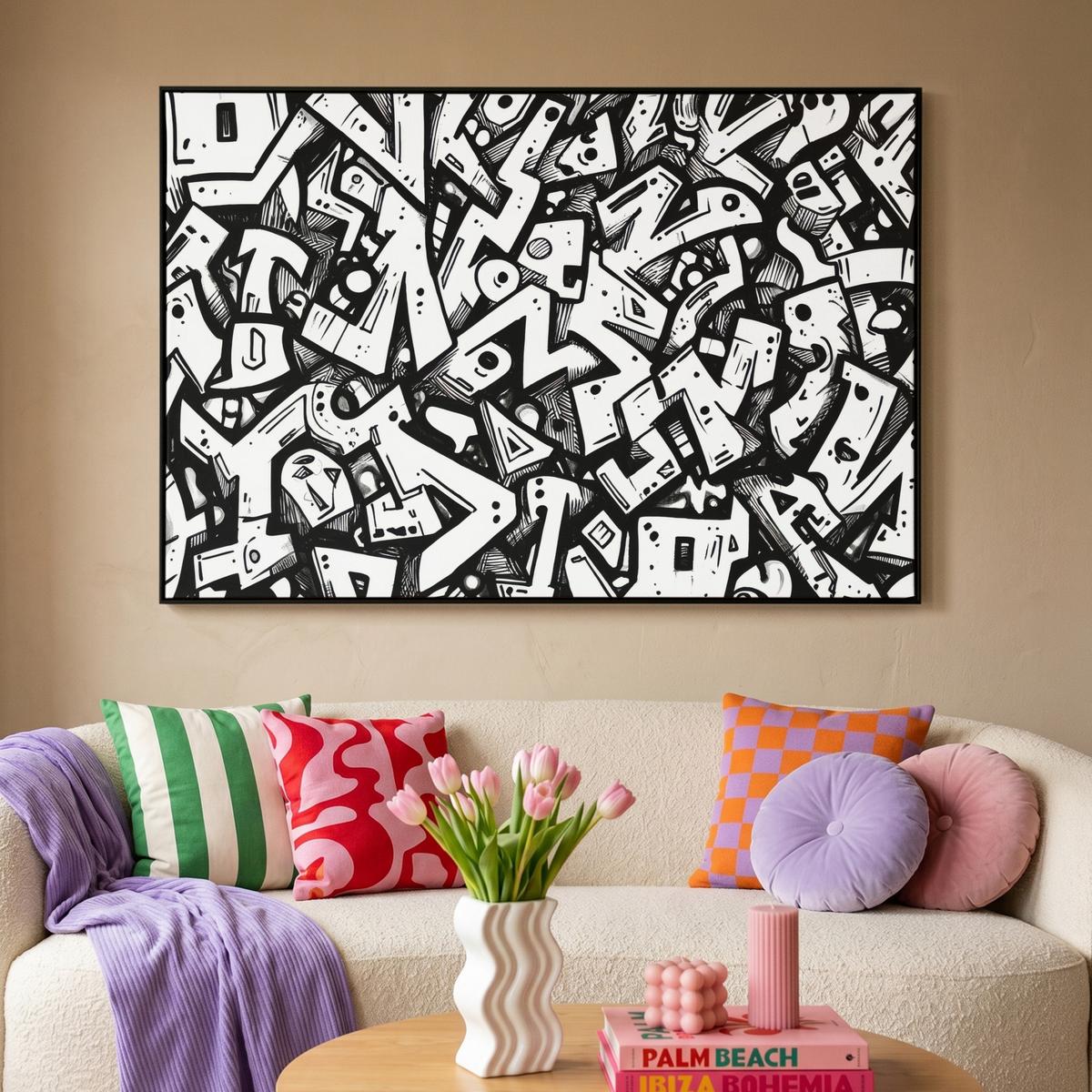 LEINWAND Bilder mit Rahmen - Formen - Buchstaben - Graffiti - Schwarz - 120x80 - Schwarz, Textil (120/80cm) - MuchoWow