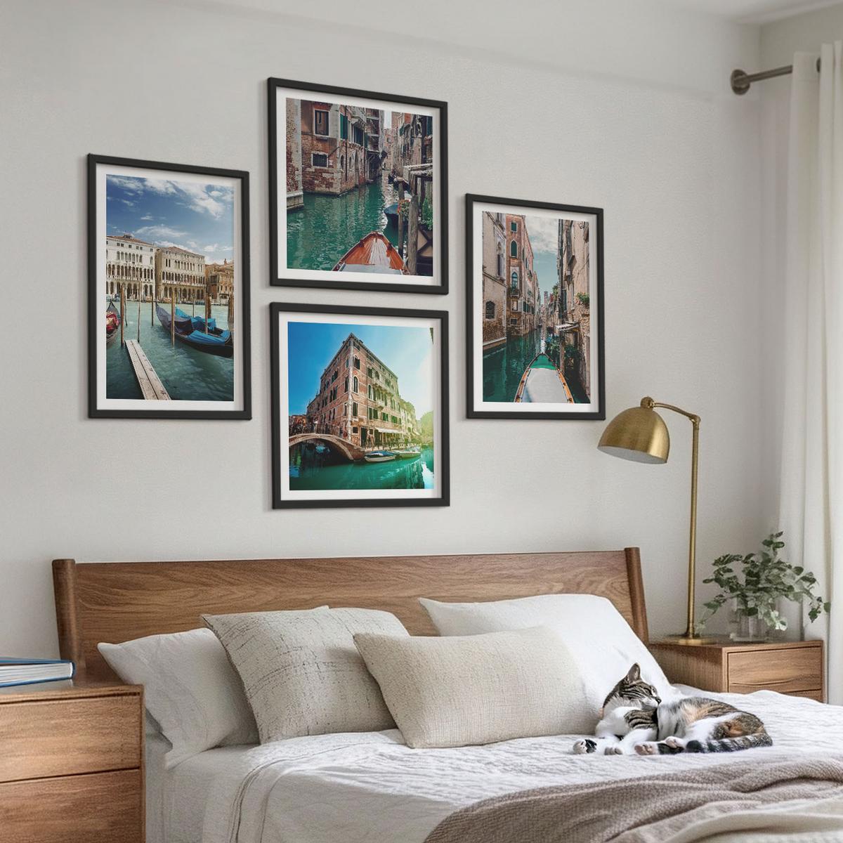 BILDER SET 4er Set - 50x50 cm & 40x60 cm Schwarzer Rahmen - Architektur der Kanäle von Venedig - Schwarz, Kunststoff (50/50cm) - TULUP