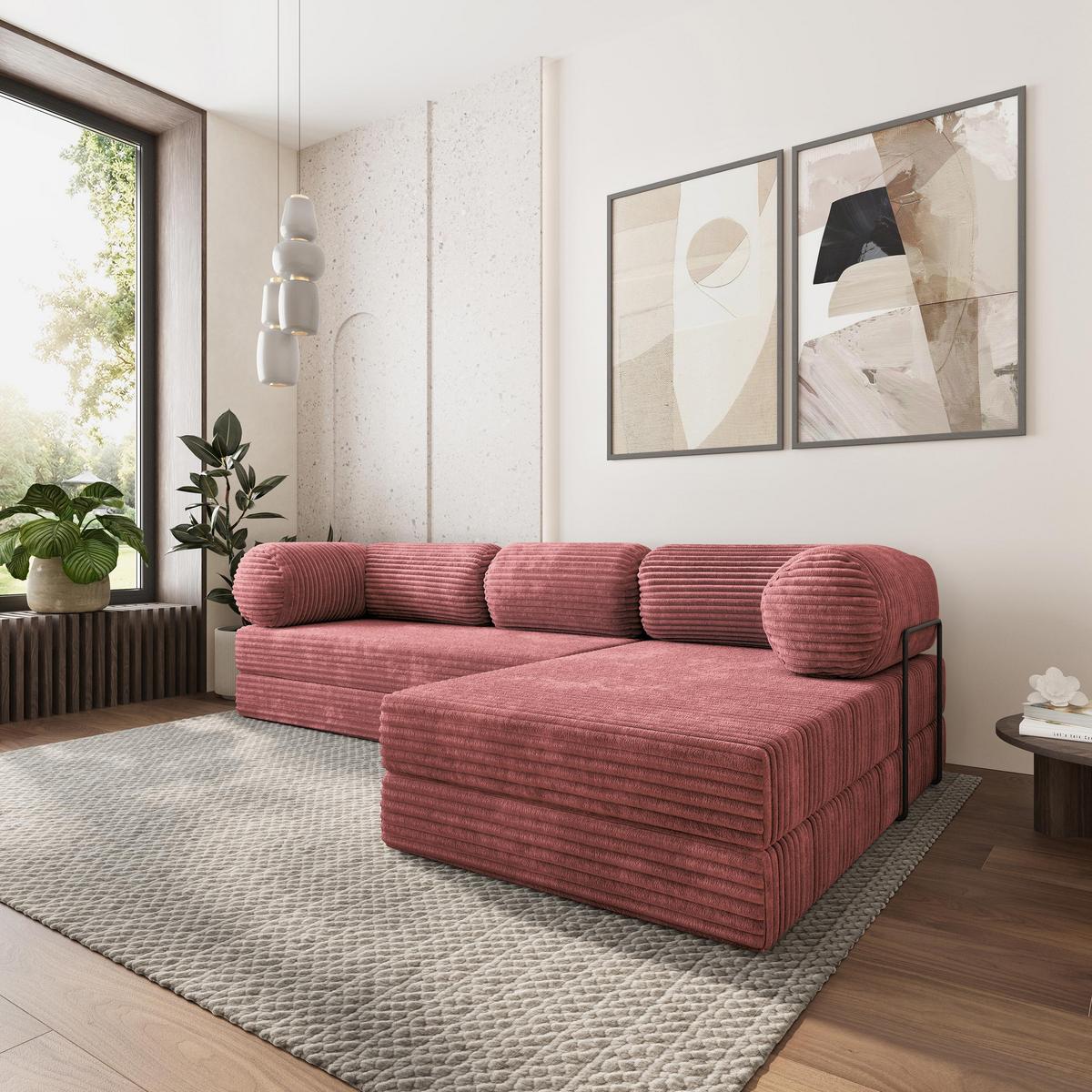 ECKSOFA ETERA modulares Boneless Sofa mit Schlaffunktion Rosa Kordstoff - Rosa, Textil (270/160cm) - MASSENO