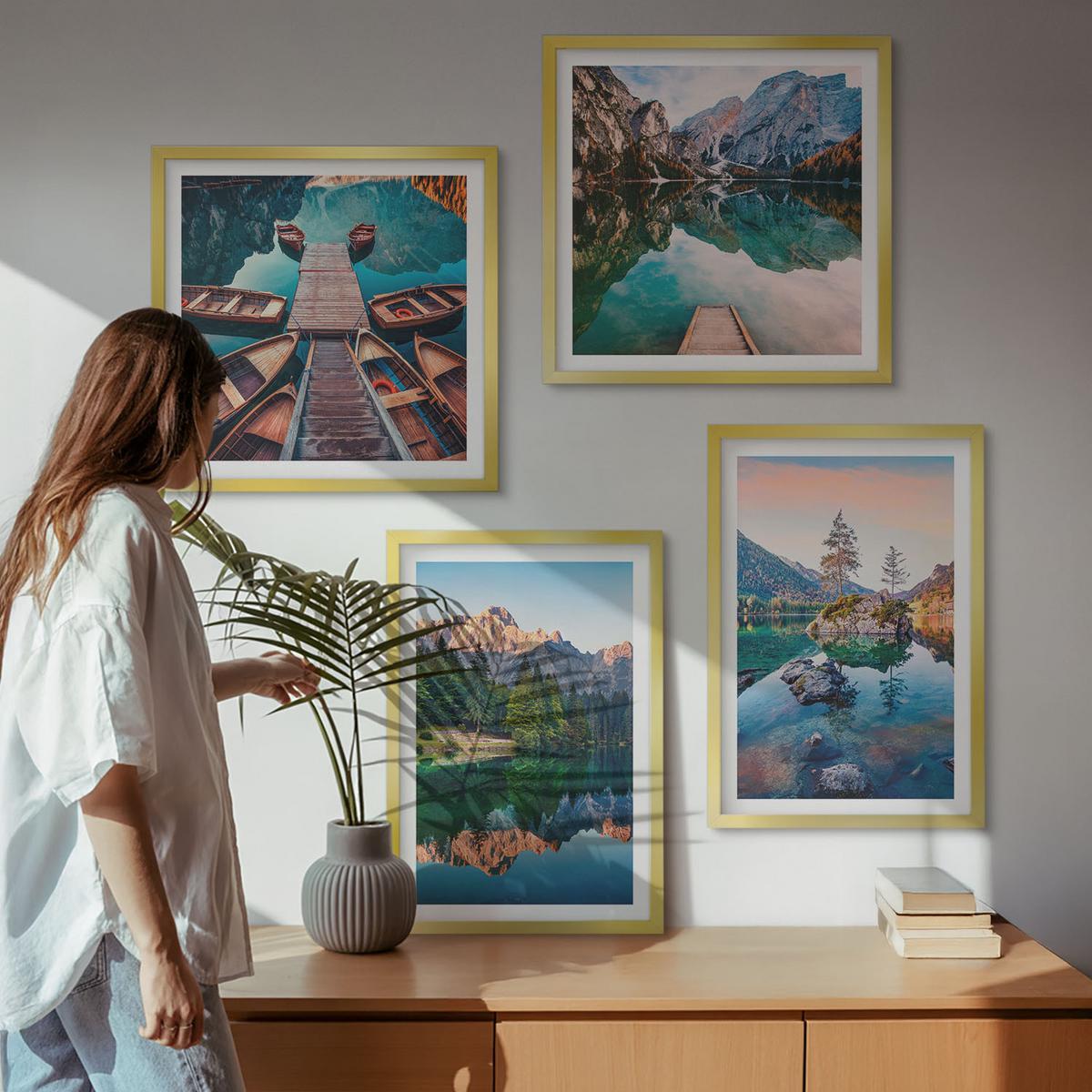 BILDER SET 4er Set - 50x50 cm & 40x60 cm Goldrahmen - Spiegelung des Waldes in Bergseen - Goldfarben, Kunststoff (50/50cm) - TULUP