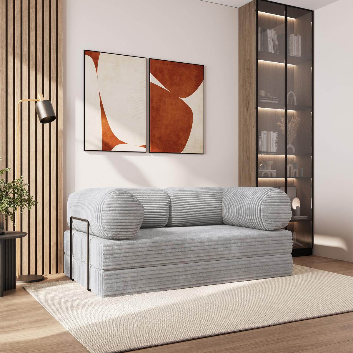 BETTSOFA ALVIO aus Schaumstoff Kordstoff Hellgrau Schlaffunktion - Grau, Textil (170/68/80cm) - MASSENO