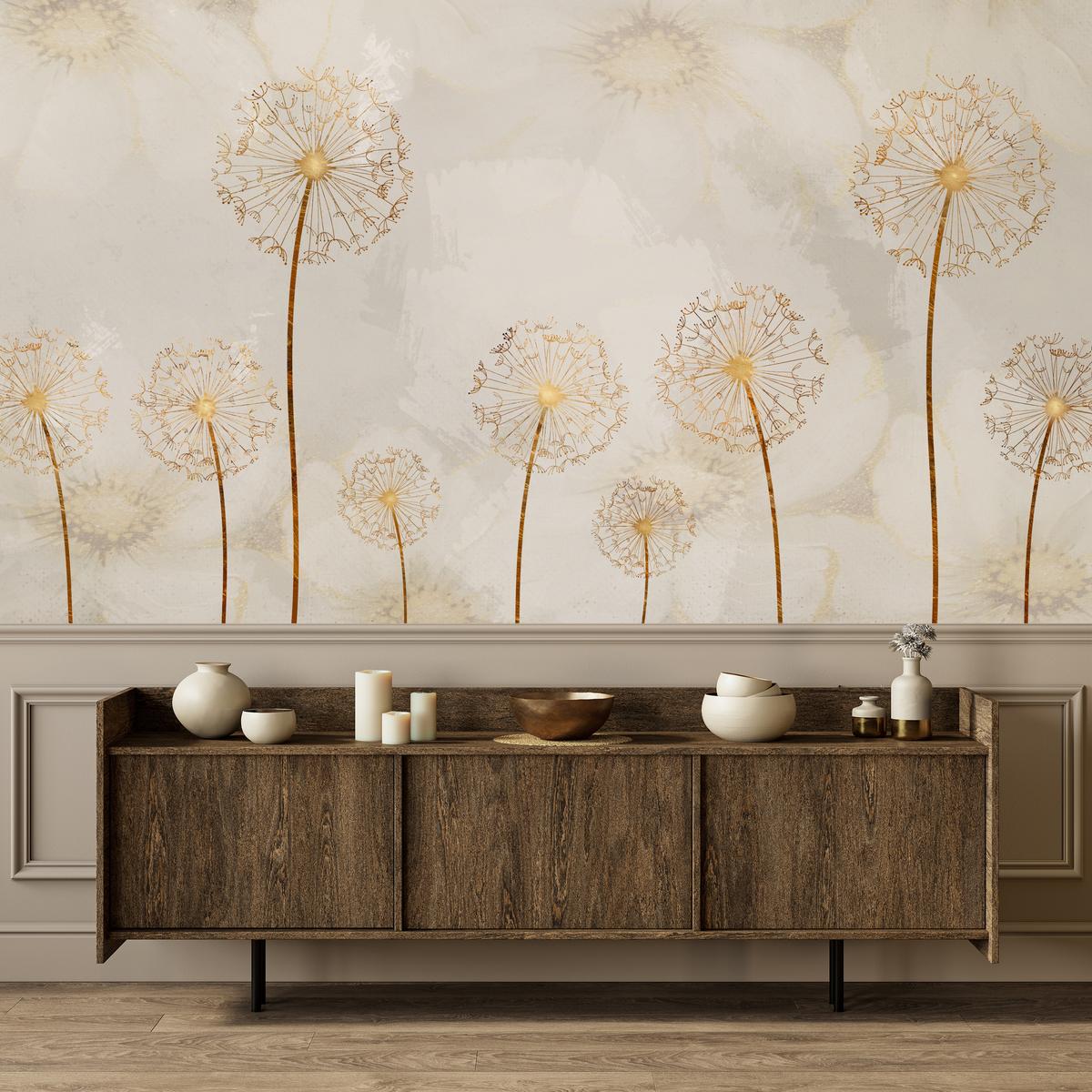 FOTOTAPETE für Schlafzimmer Goldene Löwenzahn Aquarell Blumen 400x280 - Gelb/Beige, Papier (400/280cm) - Muralo