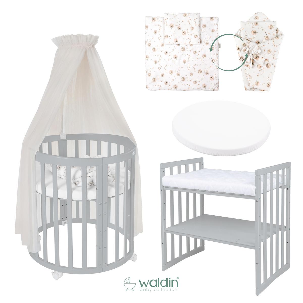 BABYBETT GREY OVAL 7in1 mit Matratze und Himmelset - Champagner/Grau, Holz/Textil (73/125cm) - waldin