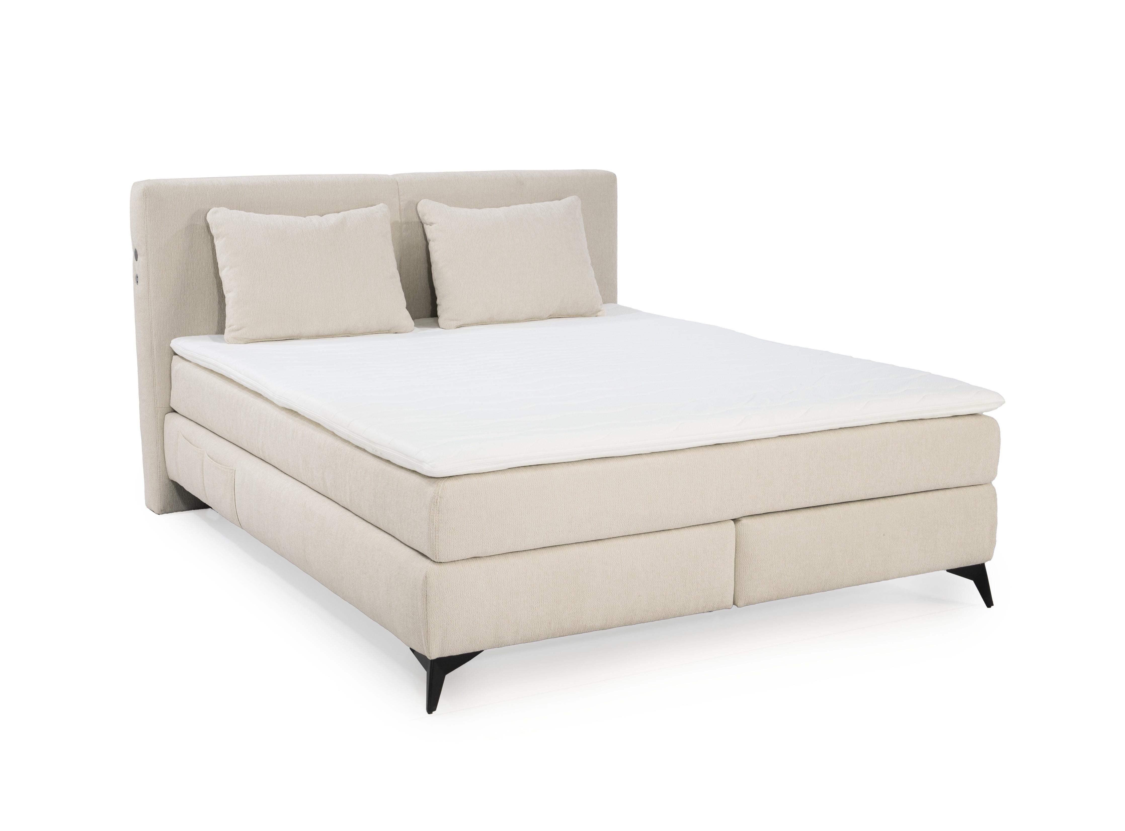 BOXSPRINGBETT 160x200 cm, 7-Zonen-Tonnentaschen-Federkernmatratzen H3, Topper, Bonell-Federkern, Beleuchtung, USB-Ladeports, Chenille Beige / 20013 - Beige/Schwarz, Textil/Metall (160/200cm) - luma-home