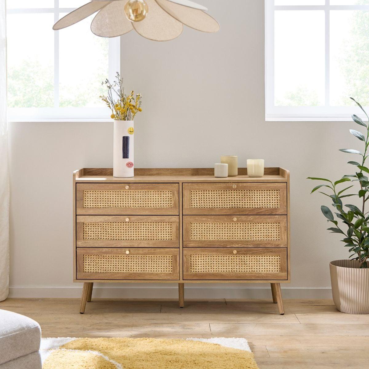 KOMMODE mit 6 schubladen mit fronten aus natürlichem rattan - PALMO 120/39/79 cm - Eschefarben, Holzwerkstoff (120/79/47cm) - Calicosy