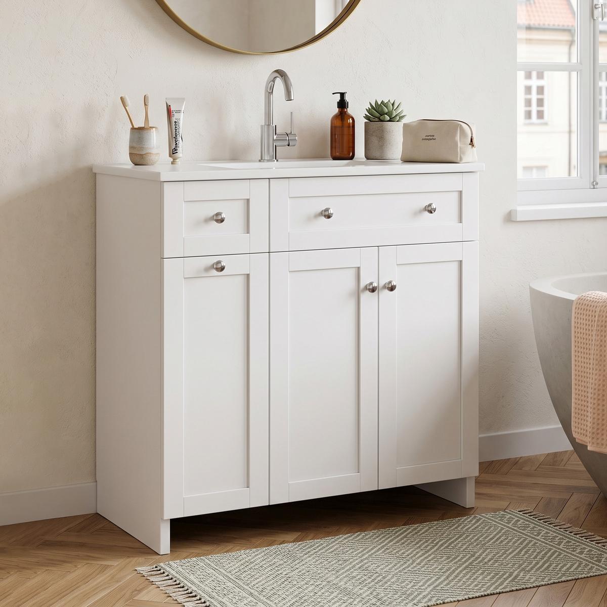 WASCHTISCH Freistehend Weiß mit Keramikbecken, 8-Fächer-Schublade - Weiß, Holzwerkstoff (76/86/47cm) - Urban Meuble