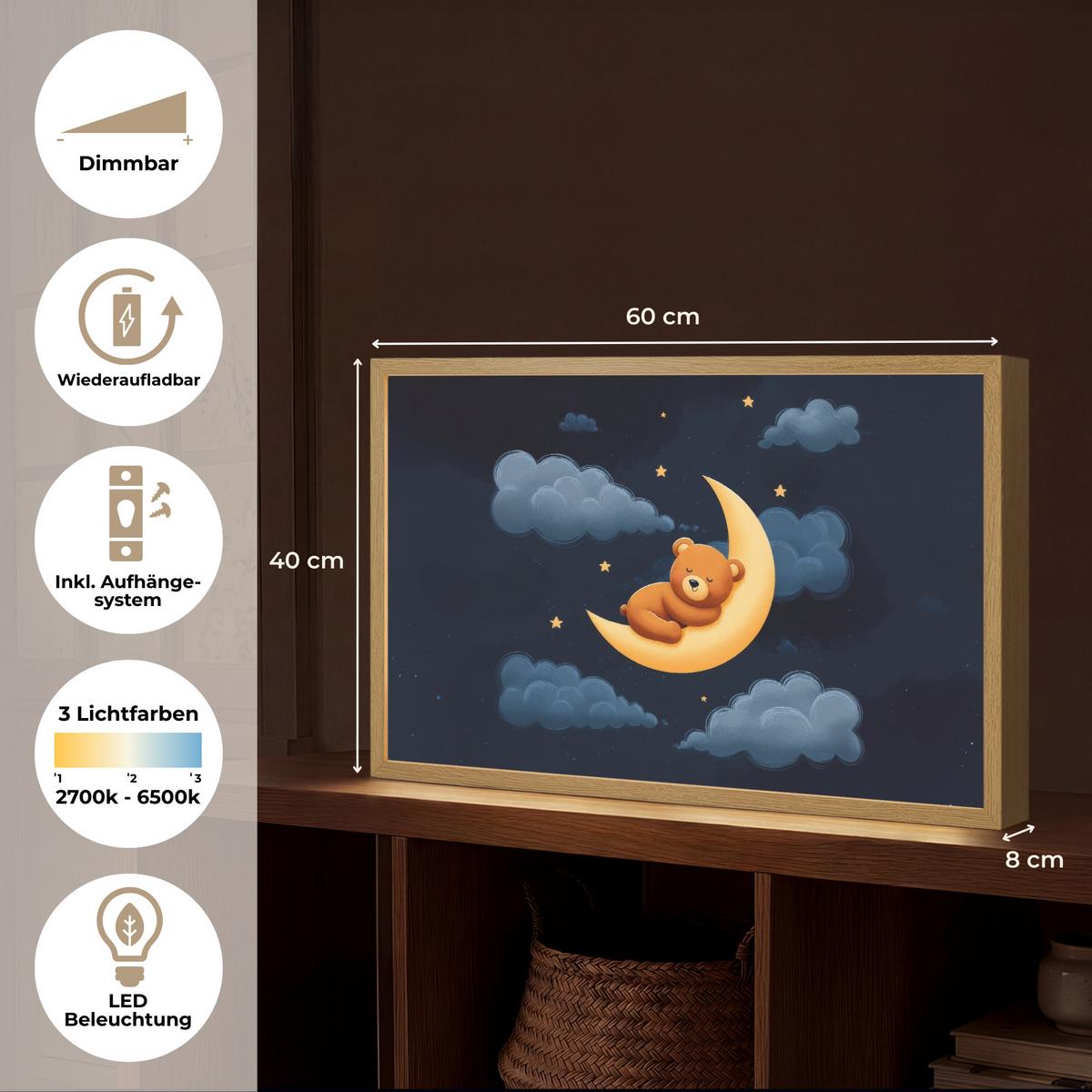 WANDLEUCHTE MIT AKKU Teddybär - Mond - Wolken - Sterne 60x40 cm - Dunkelblau, Holzwerkstoff (60/40/8cm) - OnlyWow