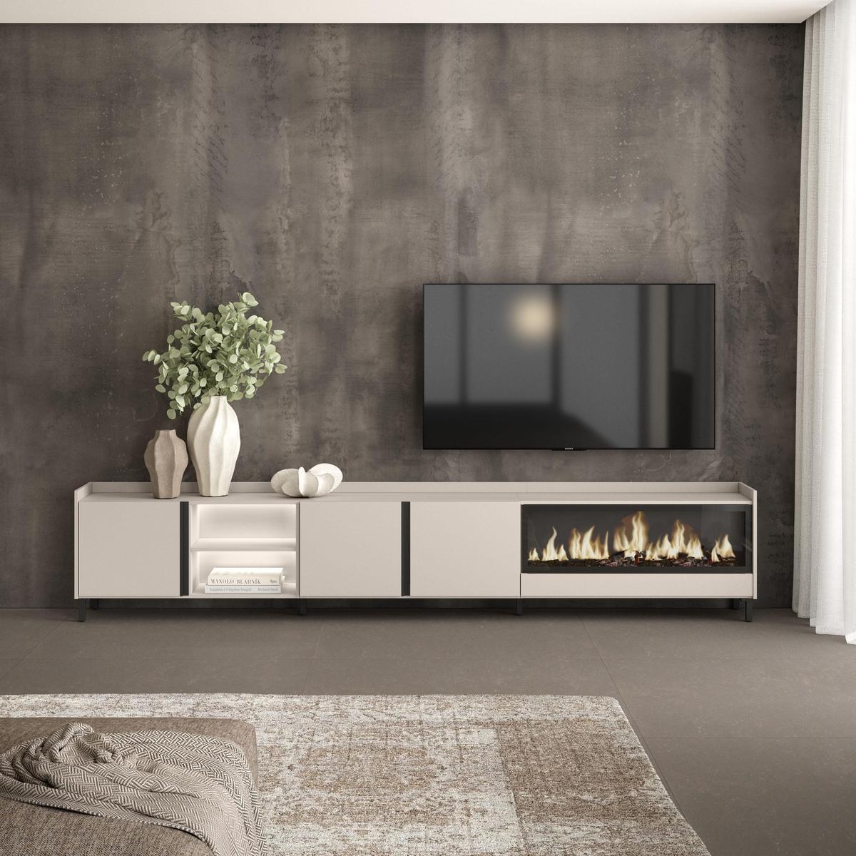 LOWBOARD, Beige, 315/35/61cm, Kamin mit Feuereffekt XXL - Beige, Holzwerkstoff (315/61/35cm) - Skraut Home