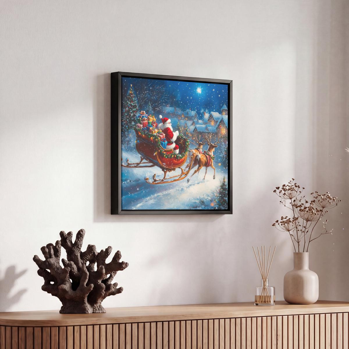 LEINWAND Bilder mit Rahmen - Weihnachtsmann - Rentier - Weihnachten - Schnee - 20x20 - Cognac, Textil (20/20cm) - MuchoWow