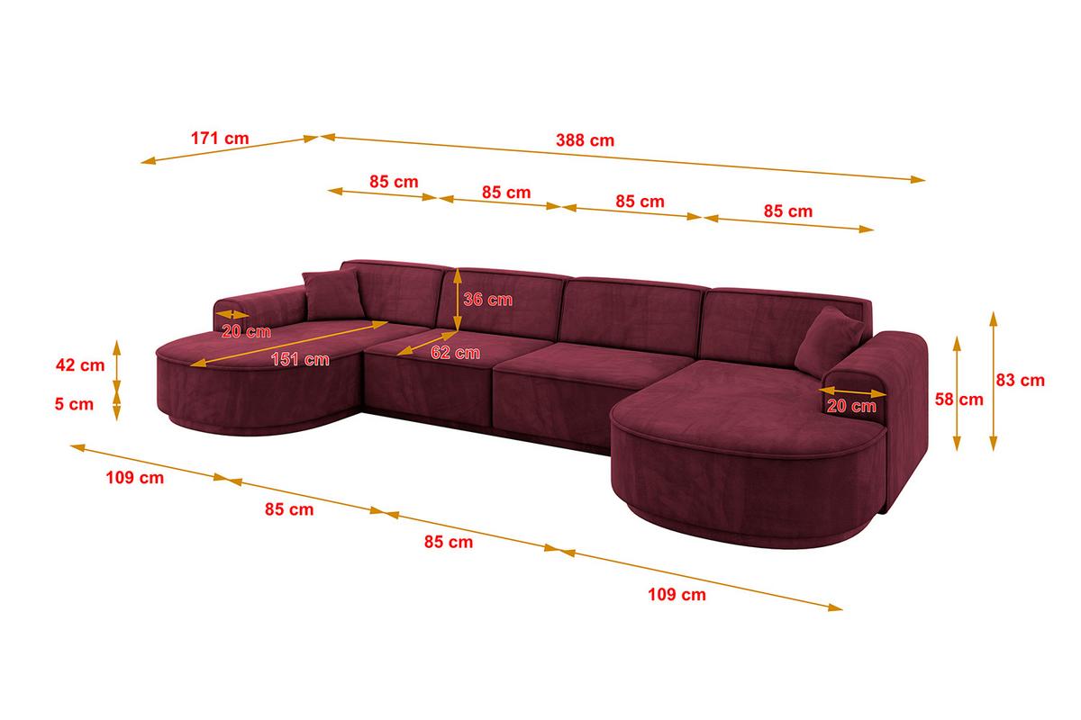 WOHNLANDSCHAFT MARI-U2-v3 - 388x171x83 cm Bordeaux Velours - Bordeaux/Schwarz, Holzwerkstoff/Kunststoff (388/83/171cm) - ALTDECOR