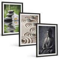 BILDER SET 3er Set - 40x60 cm Schwarzer Rahmen - Entspannender Blick auf den Zen-Buddha - Schwarz, Kunststoff (40/60cm) - TULUP
