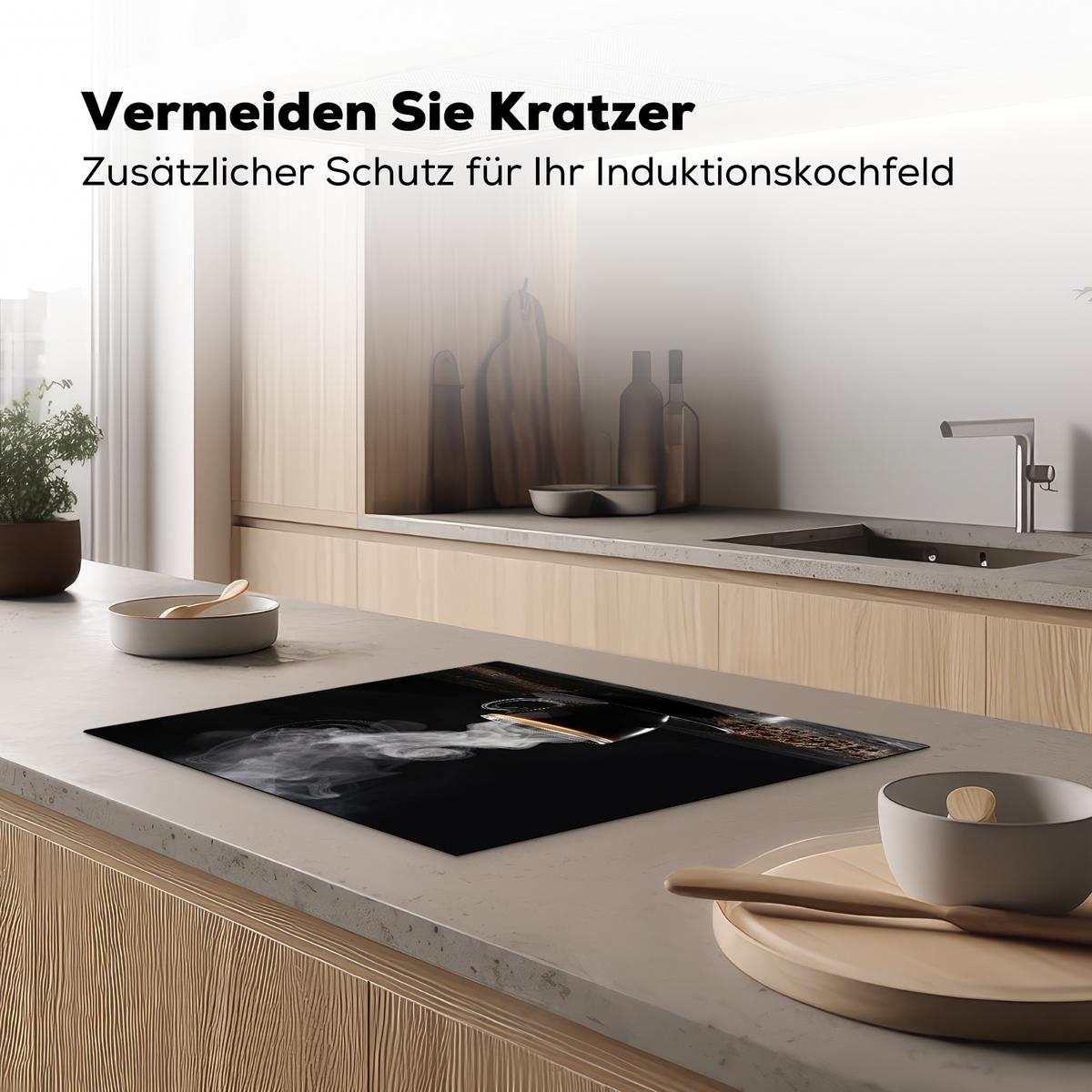 HERDABDECKPLATTE Kaffee - Schwarz - Bohnen - Heiß - Tasse Herdabdeckung Induktionsfeld 65x52 cm - Schwarz, Kunststoff (65/52/0.2cm) - MuchoWow