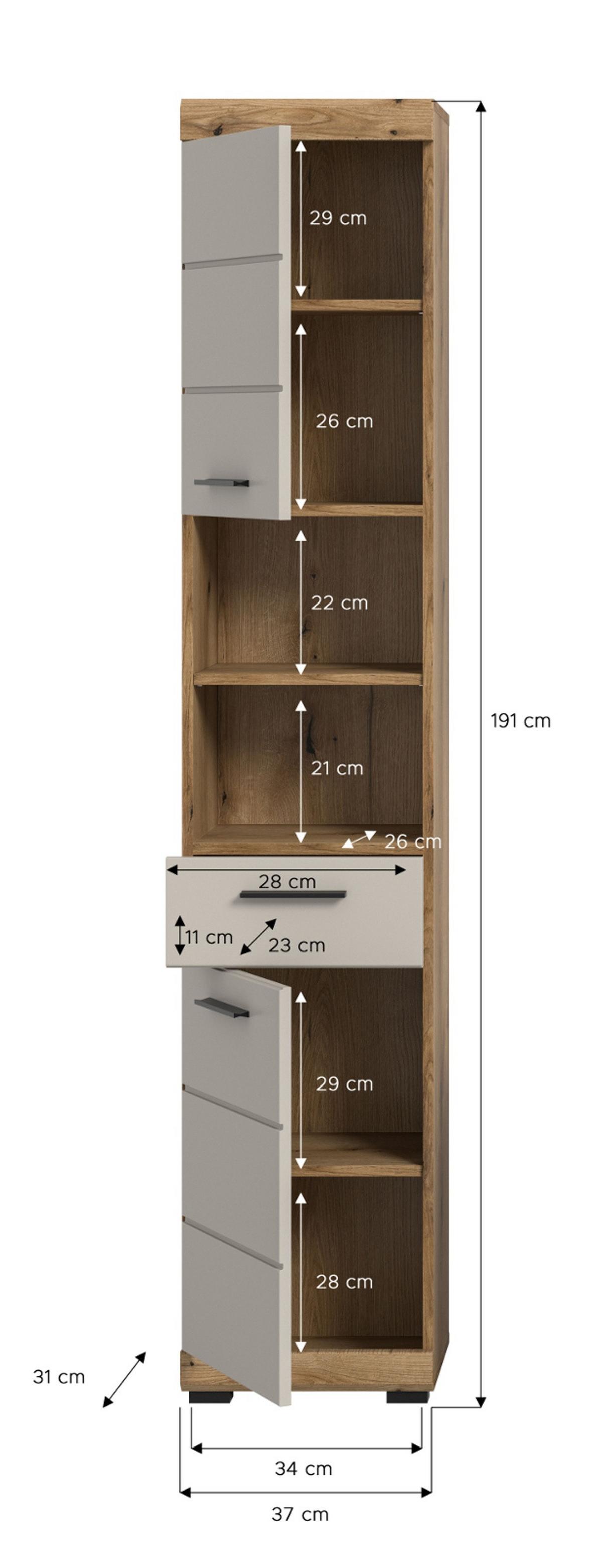 HOCHSCHRANK Sand Kaschmir, Evoke Eiche, Badschrank, 6 Fächer, 37 cm - Kaschmir/Eichefarben, Holzwerkstoff/Kunststoff (37/191/31cm) - Inn.Furn