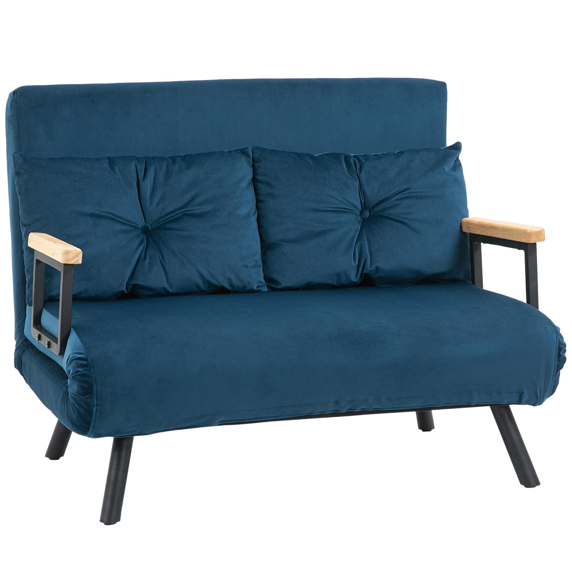 SCHLAFSOFA, Zweisitzer mit Bettfunktion, Schlafcouch mit Samtoptik, Rückenkissen - Blau/Schwarz, Holz/Textil (73/81/102cm) - HOMCOM