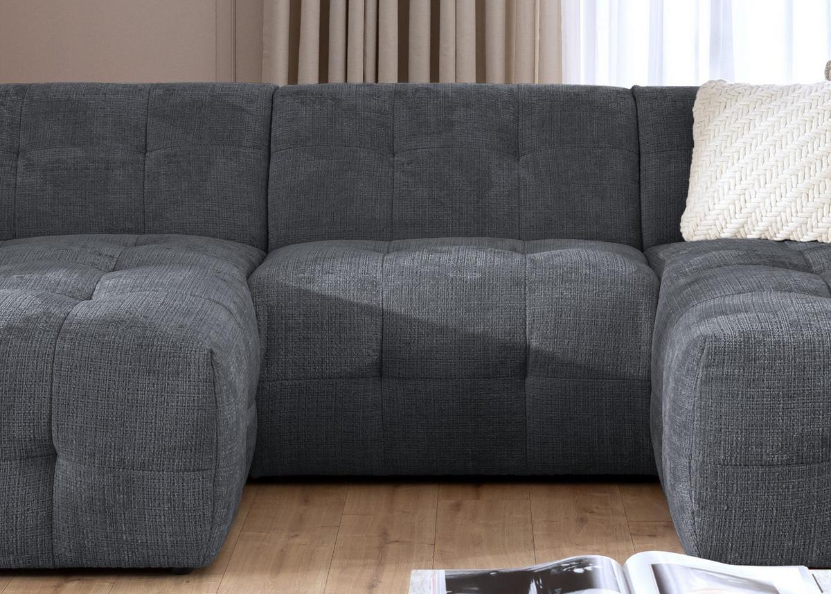 WOHNLANDSCHAFT in U-Form mit raffinierten Steppungen, 6-Sitzer, Wellenunterfederung, B323/T161/H79 cm, Chenille-Bezug in Grau / 21052 - Schwarz/Grau, Kunststoff/Textil (323/79/161cm) - luma-home