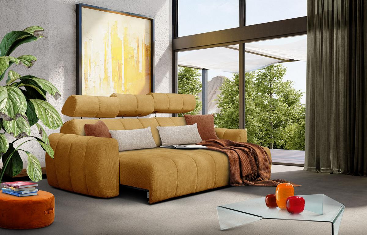 ECKSOFA KIMI 3-Sitzer, ausziehbarer Sitz, verstellbare Kopfstützen, senfgelb - Gelb/Schwarz, Holzwerkstoff/Textil (270/160cm) - Wozimo