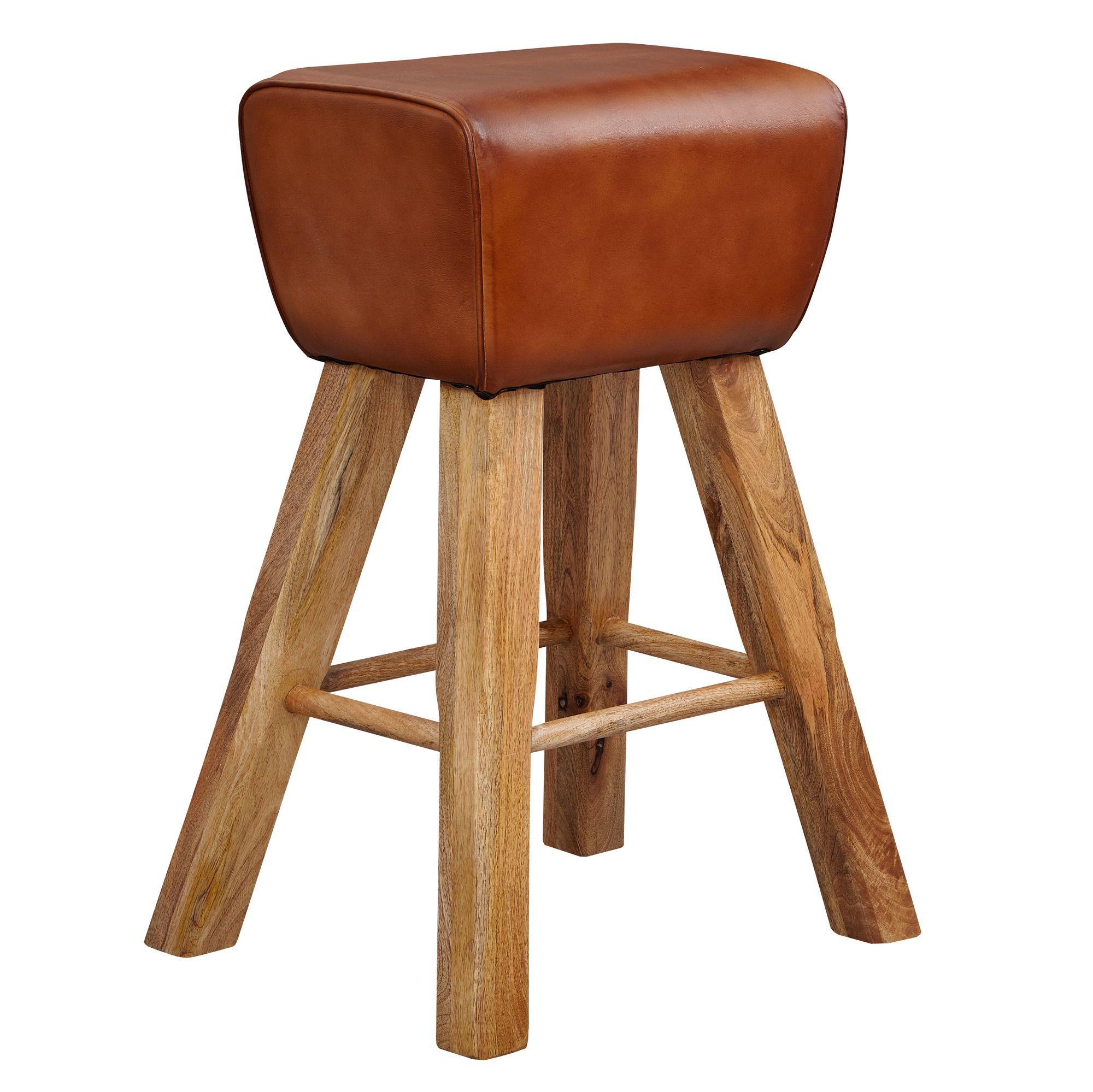BARHOCKER – Ziegenleder und Mango Massivholz, Turnbock-Design, 43x75x43 cm, Dunkelbraun - Braun, Mangoholz/Leder (43/75/43cm) - KADIMA DESIGN