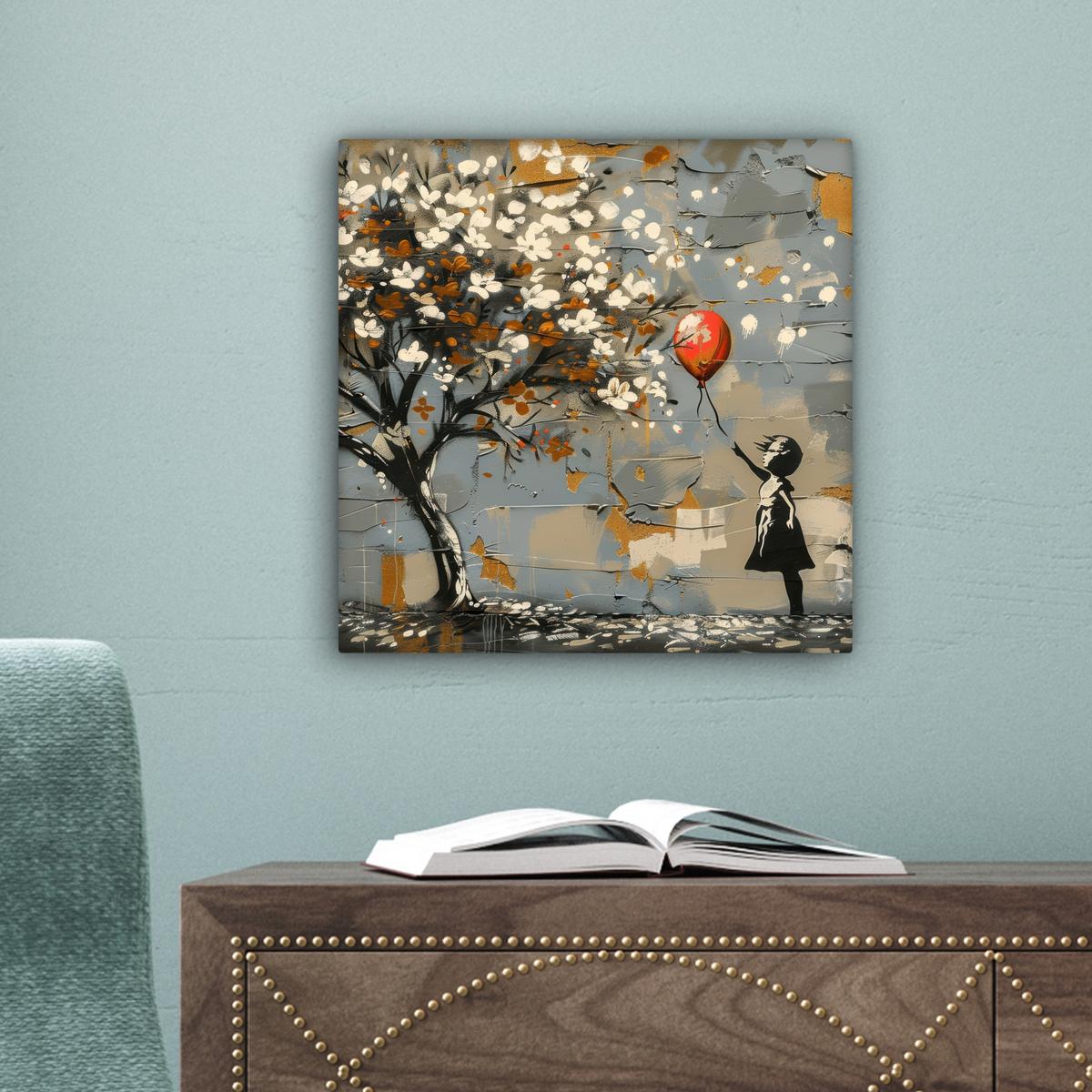 LEINWANDBILD Baum - Graffiti - Banksy-Stil - Ballon-Mädchen Deko Wohnzimmer 20x20 cm - Blaugrau, Textil (20/20cm) - MuchoWow