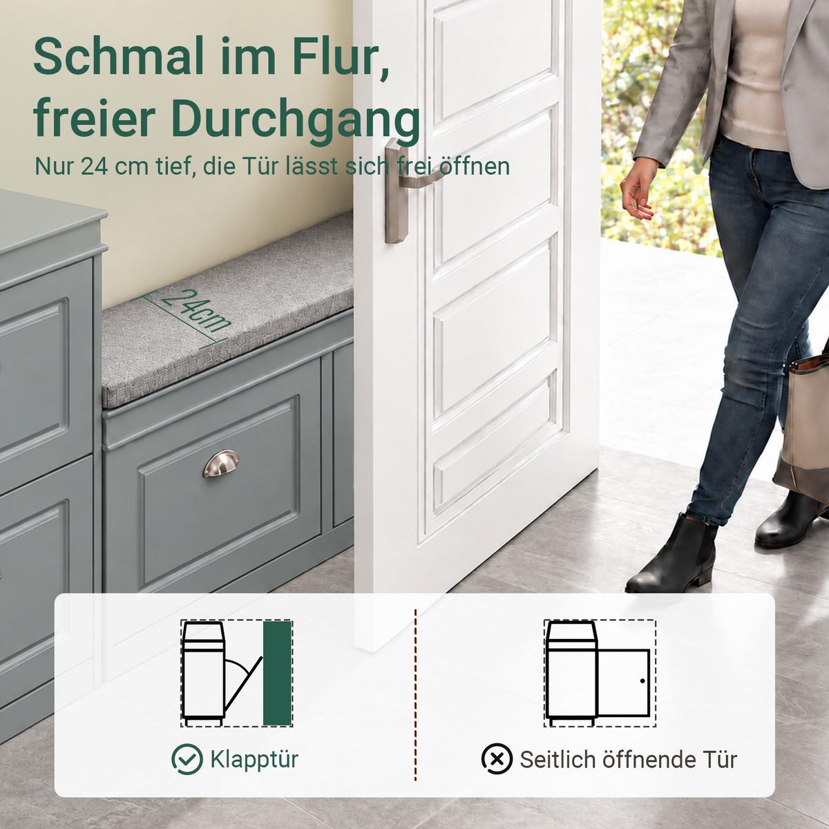 SCHUHBANK, Grau, 104 cm breit, gepolsterte Sitzfläche, 2 Klappen für 8 Paar, bis 150 kg, für Flur & Diele - Hellgrau, Holzwerkstoff (104/52/24cm) - SoBuy