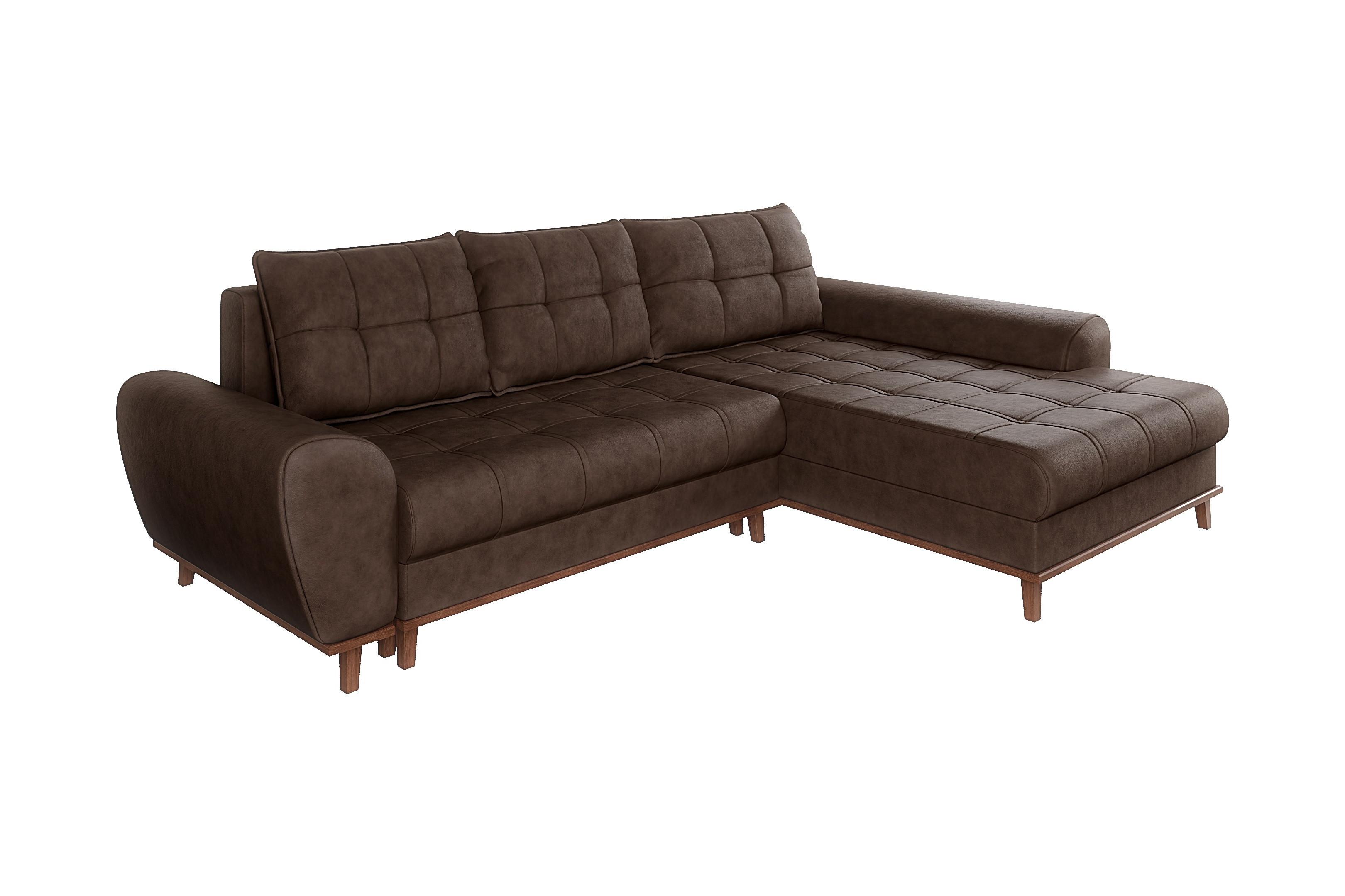 ECKSOFA im Scandi-Stil, Schlaffunktion, Bettkasten B268/T175/H86 cm, Ottomane rechts, Liegefl. 128x209 cm, Mikrofaserstoff in Vintage Braun / 21017 - Wildeiche/Eiche Bianco, Holz/Textil (268/175cm) - luma-home