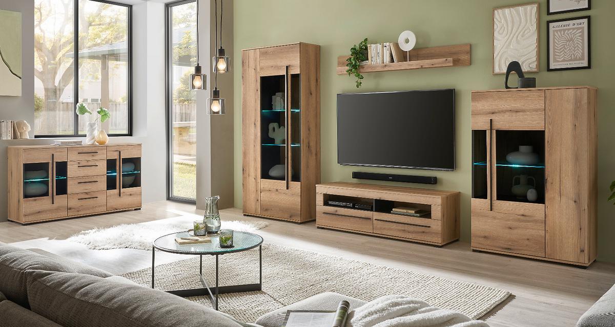 HIGHBOARD Eiche Evoke, Anrichte 160 cm mit Beleuchtung - Eichefarben/Schwarz, Glas/Holzwerkstoff (160/126/42cm) - Furn.Design