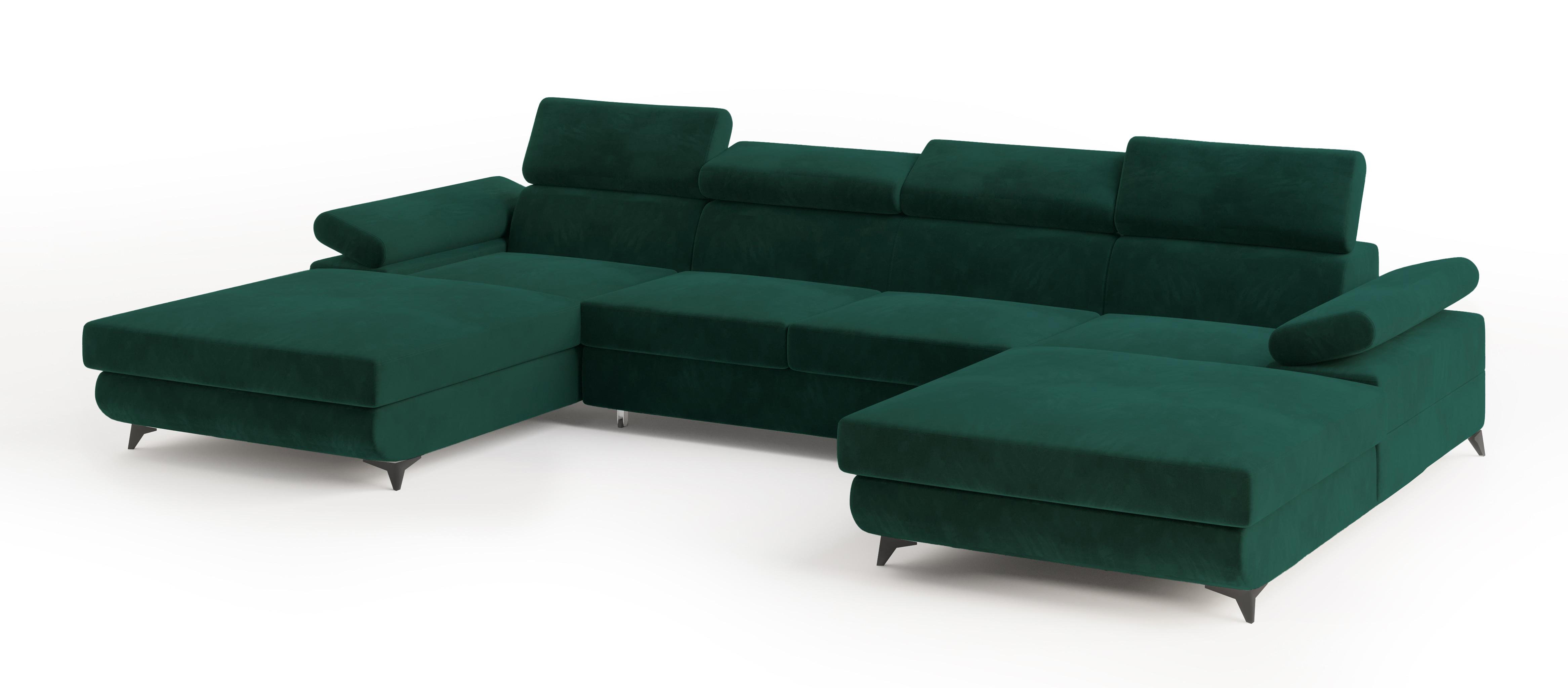 WOHNLANDSCHAFT DETTI Grün Velours-Stoff mit Schlaffunktion - Grün, Holz (339/89/190cm) - MASSENO