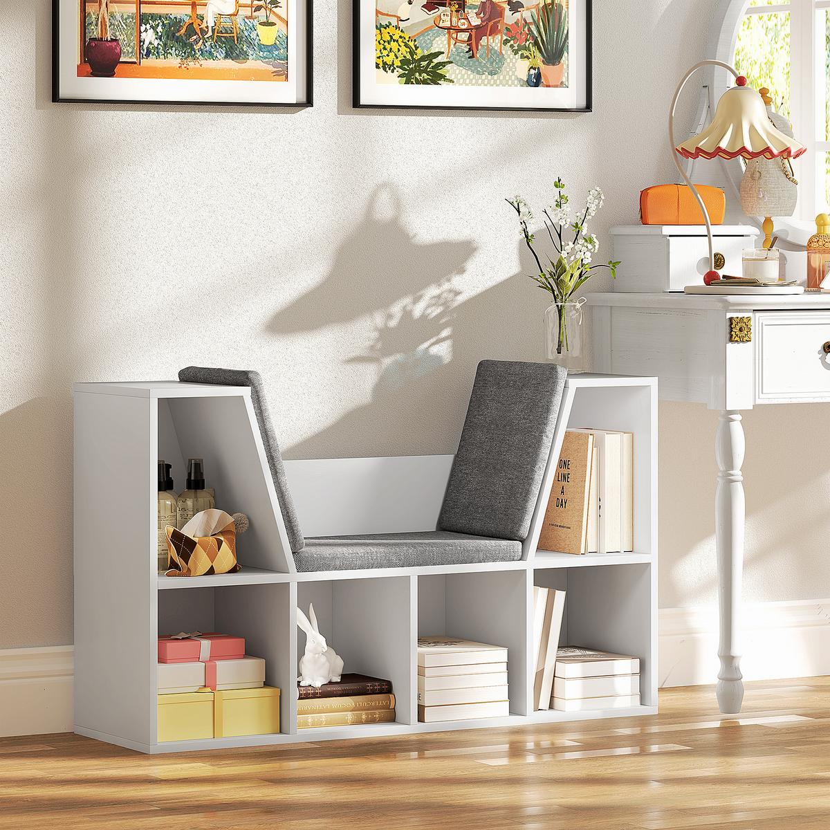 BÜCHERREGAL mit Sitzkissen, Aufbewahrungsregal mit 6 Fächern, Leinenoptik, Weiß - Weiß/Grau, Holzwerkstoff/Textil (105/63/30cm) - HOMCOM
