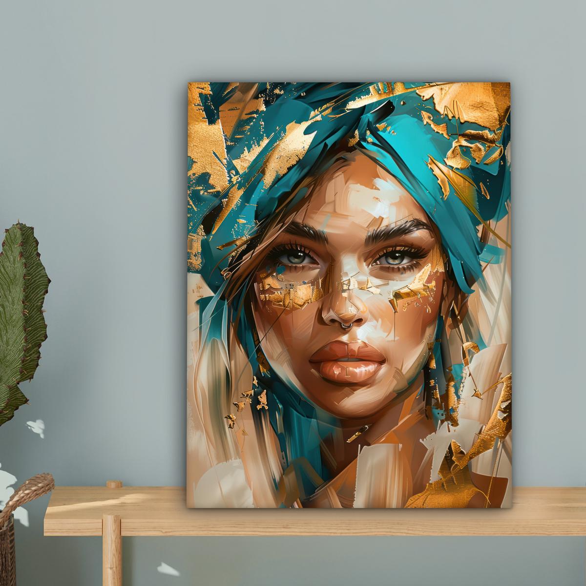 LEINWANDBILD Frau - Porträt - Gold - Luxus - Blau Room Decor 30x40 cm - Türkis, Textil (30/40cm) - MuchoWow