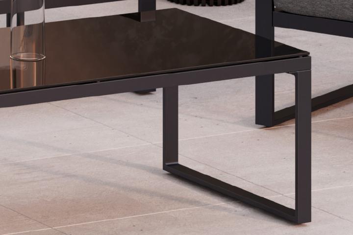 Loungetisch Anthrazit Beinform würfelförmig Tischplatte Glas ESG siebgedruckt rückseitig bedruckt