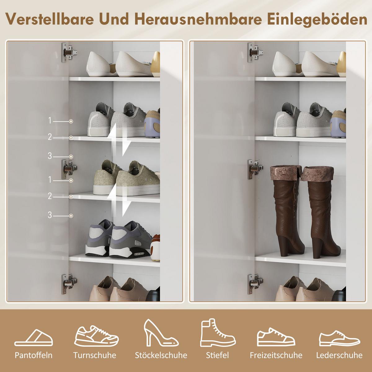 SCHUHSCHRANK, Schuhregal mit Verstellbaren Ablagen, Belüftungslöchern - Weiß Hochglanz/Weiß, Holzwerkstoff (34.5/103/72cm) - HOMCOM