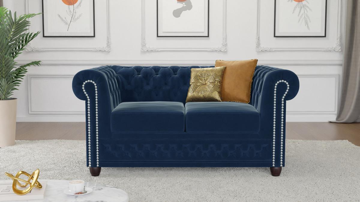CHESTERFIELD-SOFA 2-sitzer mit Schlaffunktion Nyx Marineblau Samt - Dunkelblau/Braun, Holz/Textil (148/72/86cm) - S-Style Möbel