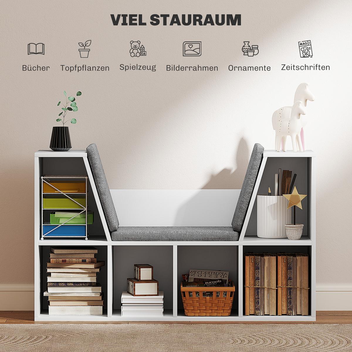 BÜCHERREGAL mit Sitzkissen, Aufbewahrungsregal mit 6 Fächern, Leinenoptik, Weiß - Weiß/Grau, Holzwerkstoff/Textil (105/63/30cm) - HOMCOM