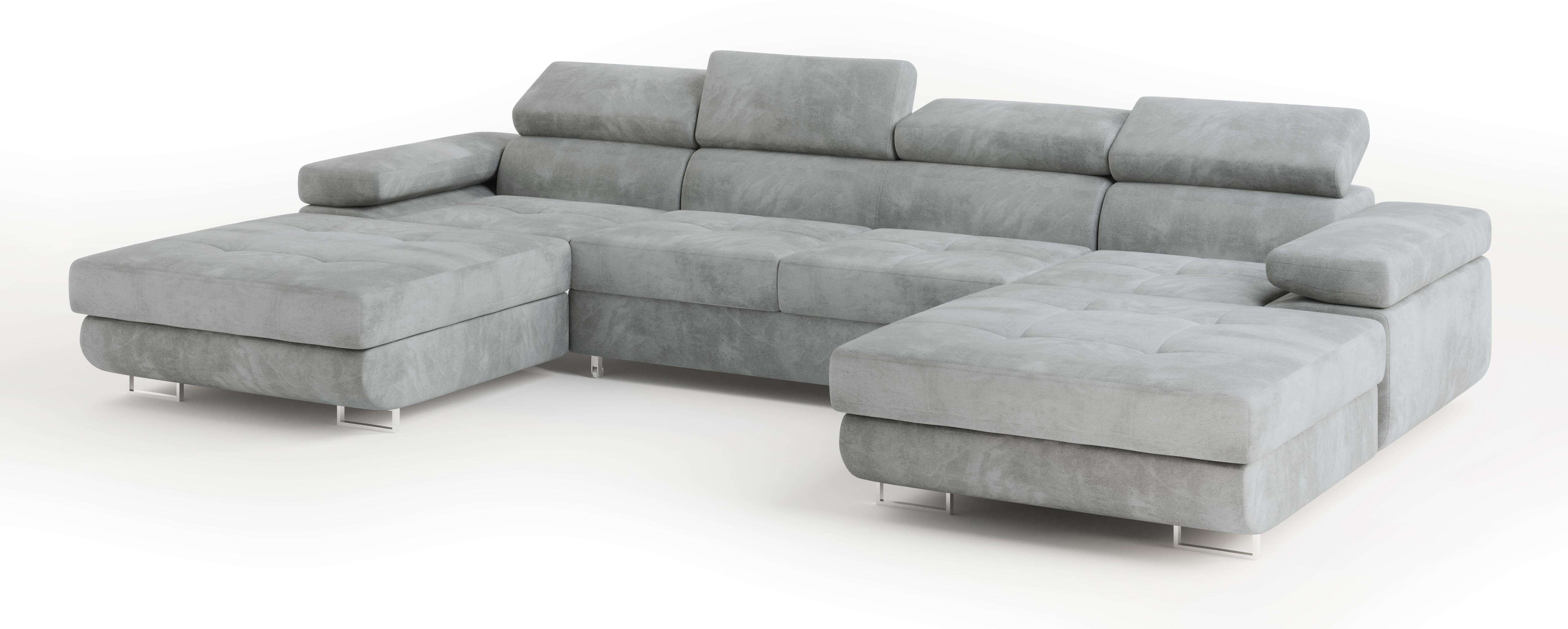 WOHNLANDSCHAFT LYKKE Hellgrau Velours-Stoff mit Schlaffunktion - Hellgrau, Holz (353/90/202cm) - MASSENO