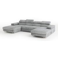WOHNLANDSCHAFT LYKKE Hellgrau Velours-Stoff mit Schlaffunktion - Hellgrau, Holz (353/90/202cm) - MASSENO