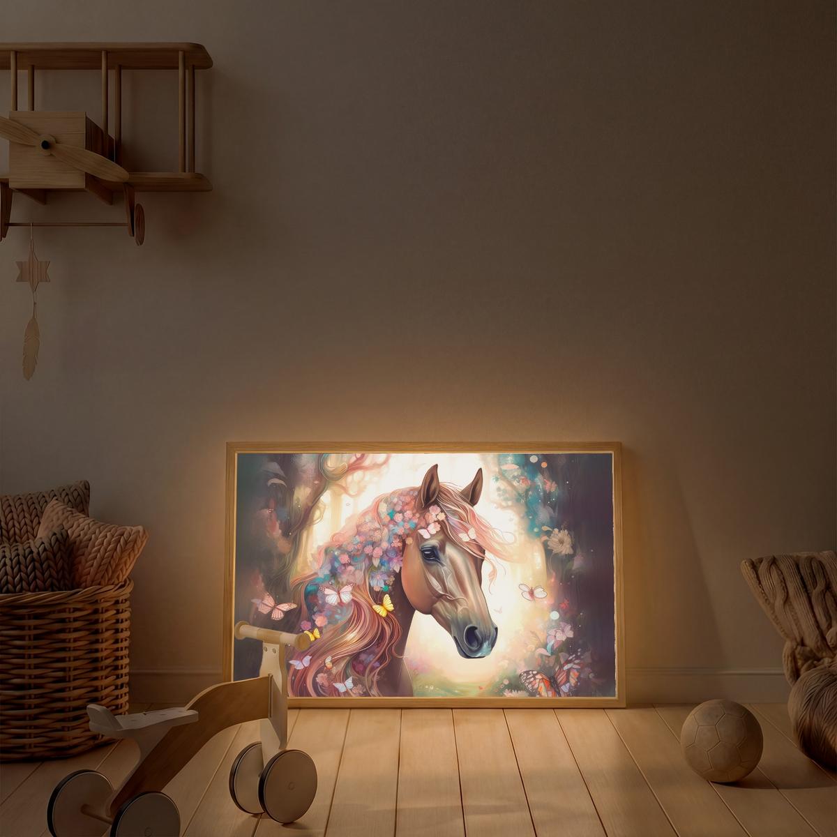 NACHTTISCHLAMPE MIT AKKU Pferd - Natur - Blumen - Schmetterlinge - Wald 100x70 cm - Dunkelbraun, Holzwerkstoff (8/100/70cm) - OnlyWow