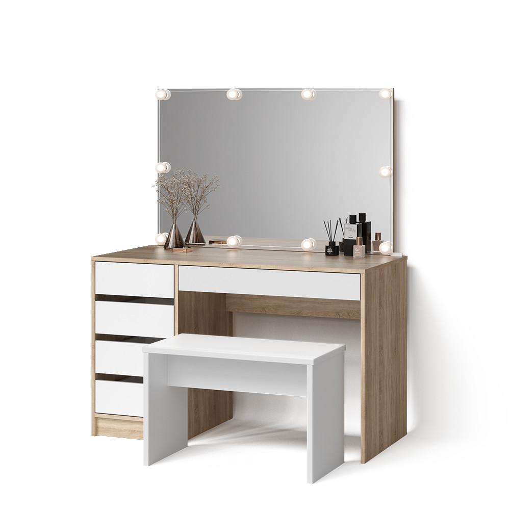 SCHMINKTISCH Imola Sonoma/Weiß mit LED Beleuchtung und Bank - Weiß/Sonoma Eiche, Holzwerkstoff (120/75/55cm) - Livinity®