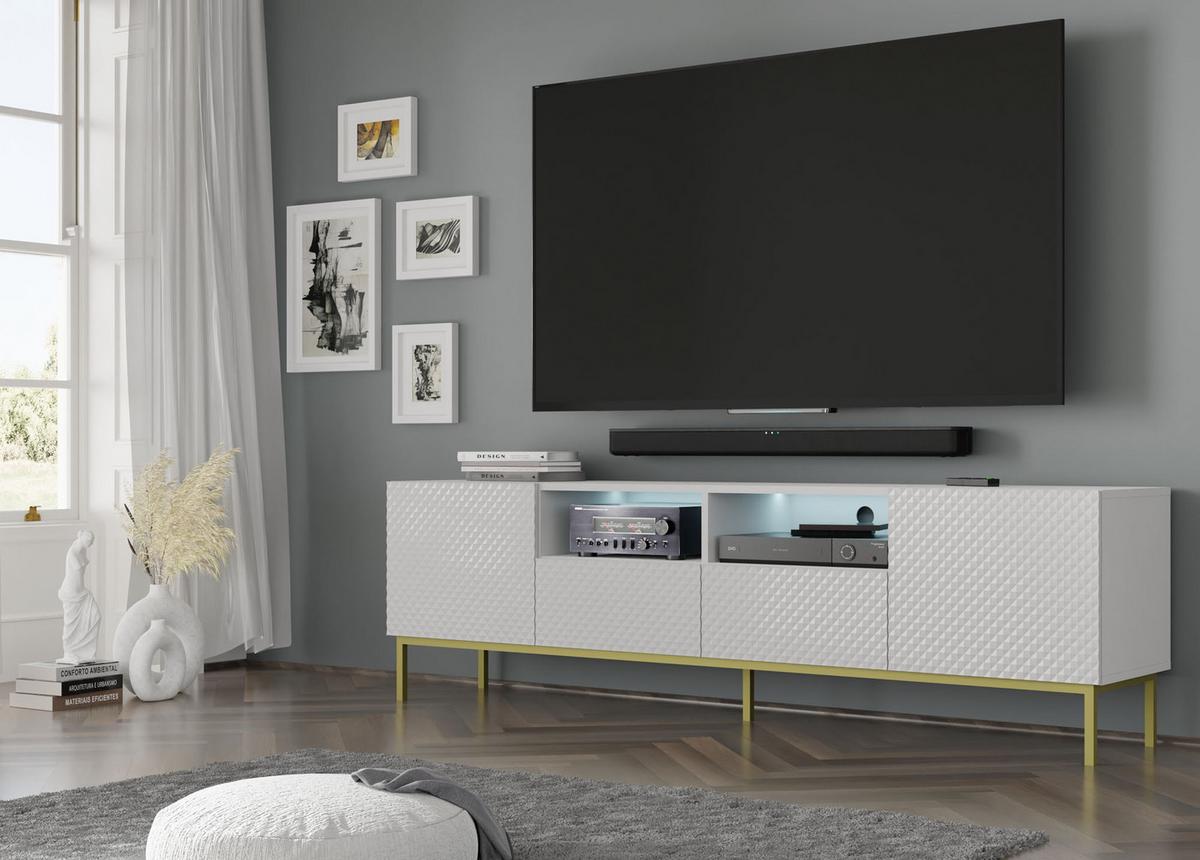 TV LOWBOARD Weiß, Weiß Hochglanz, Gold 200/58/42 - Weiß Hochglanz/Weiß, Holzwerkstoff (200/58/42cm) - RAUMHIRSCH FURNITURE